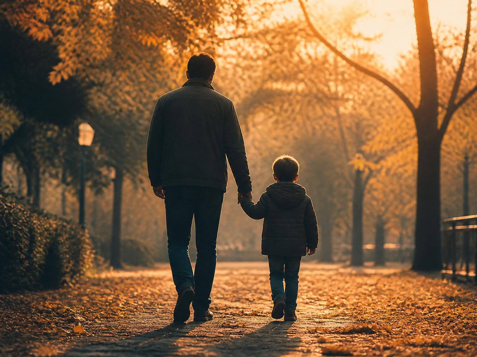 Parent walking with child at golden hour